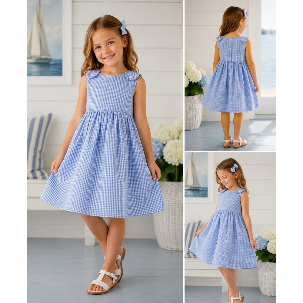 Petit Ami Dress Kids 4‎ Blue Gingham Seersucker Coastal Nautical Southern